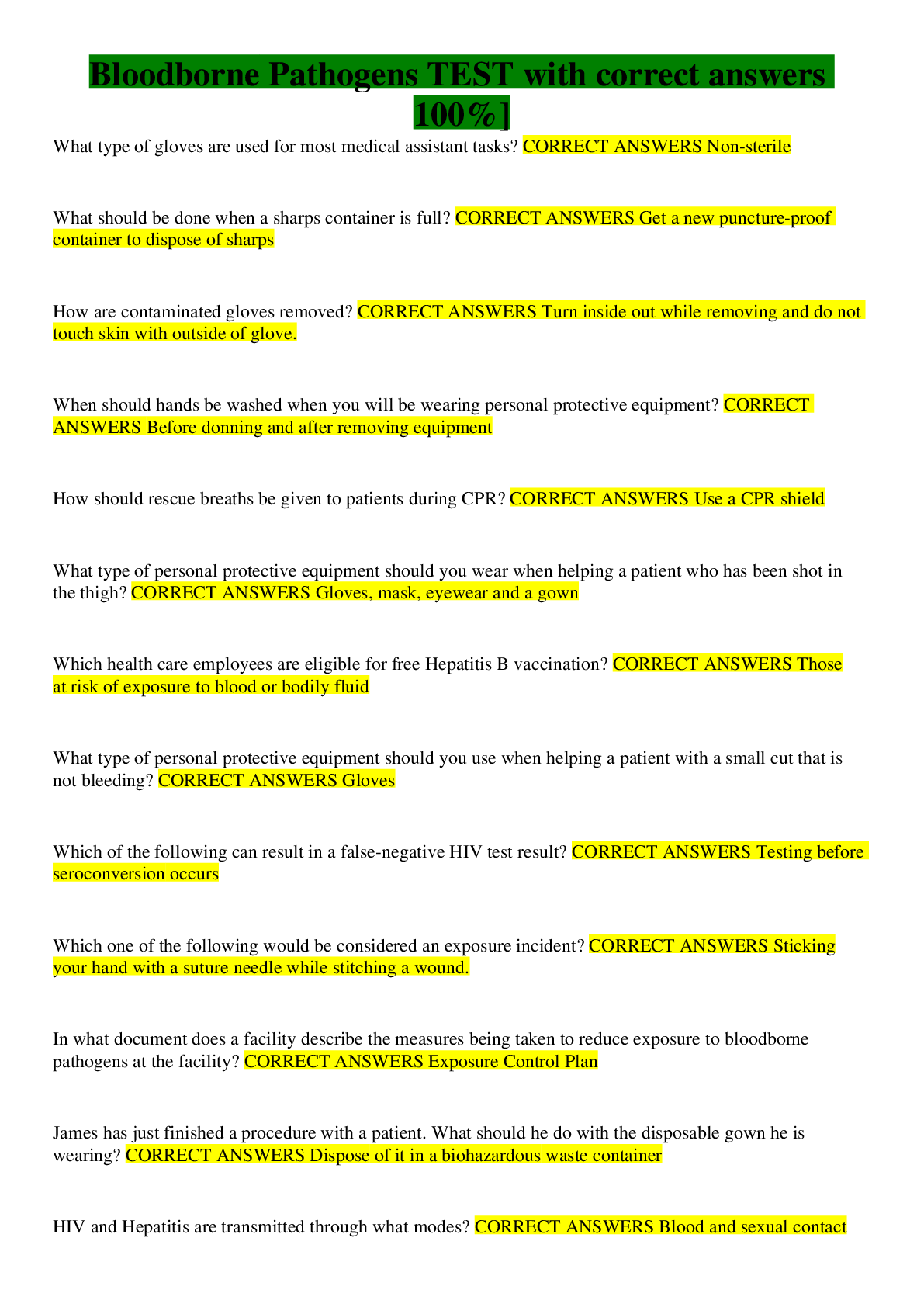 Preview image for Bloodborne Pathogens TEST with correct answers 100%